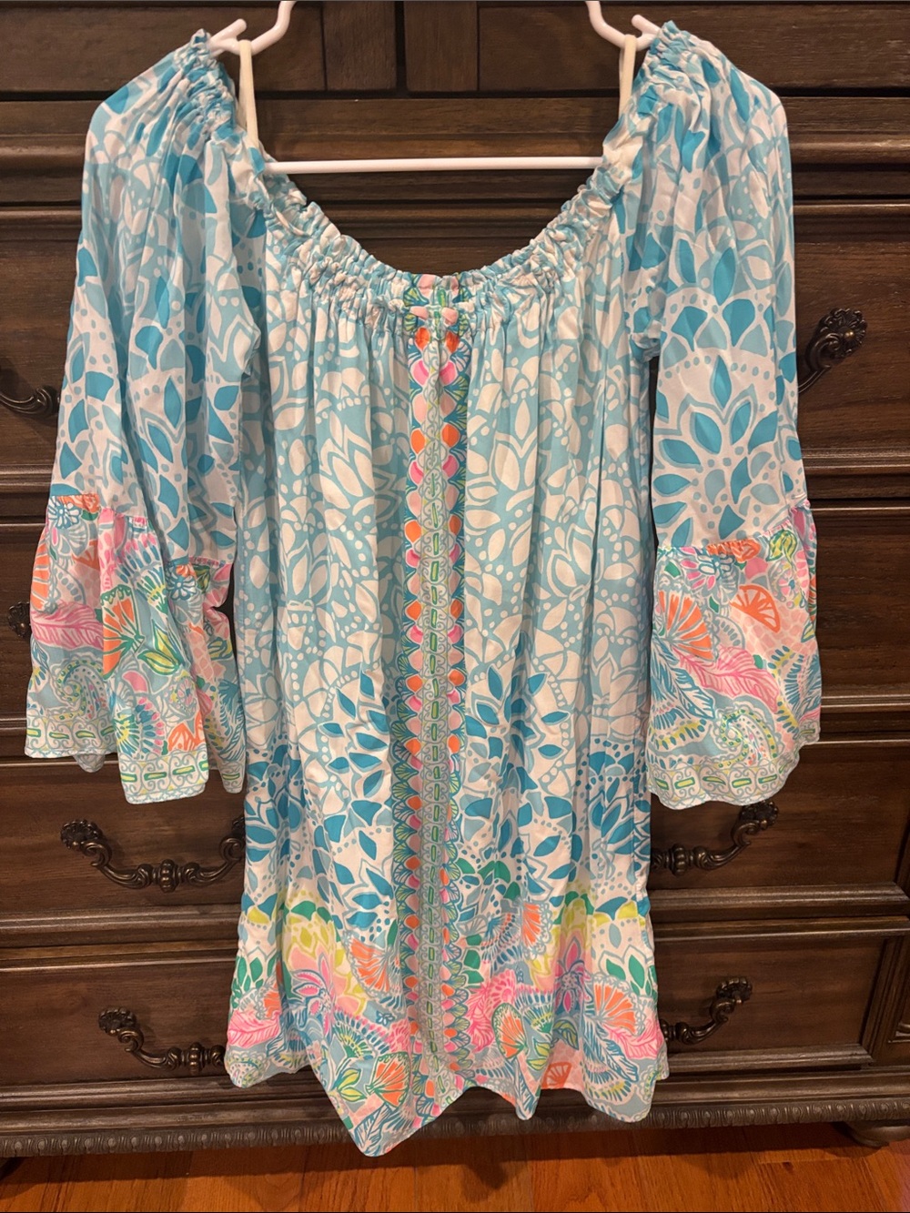Lilly Pulitzer Aqua and White Floral Off-Shoulder Dress